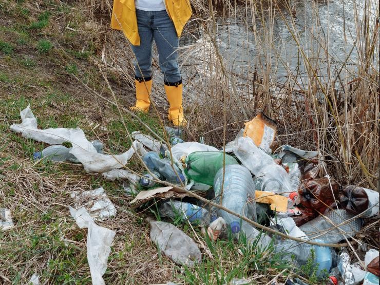 Diverse Abfallstücke liegen am Seeufer verstreut.
