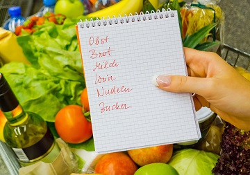 Eine Hand hält einen Einkaufszettel, im Hintergrund sieht man einen gefüllten Einkaufswagen